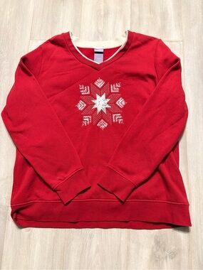 Laura Scott Red V-Neck Pullover with White Snowflake Motif